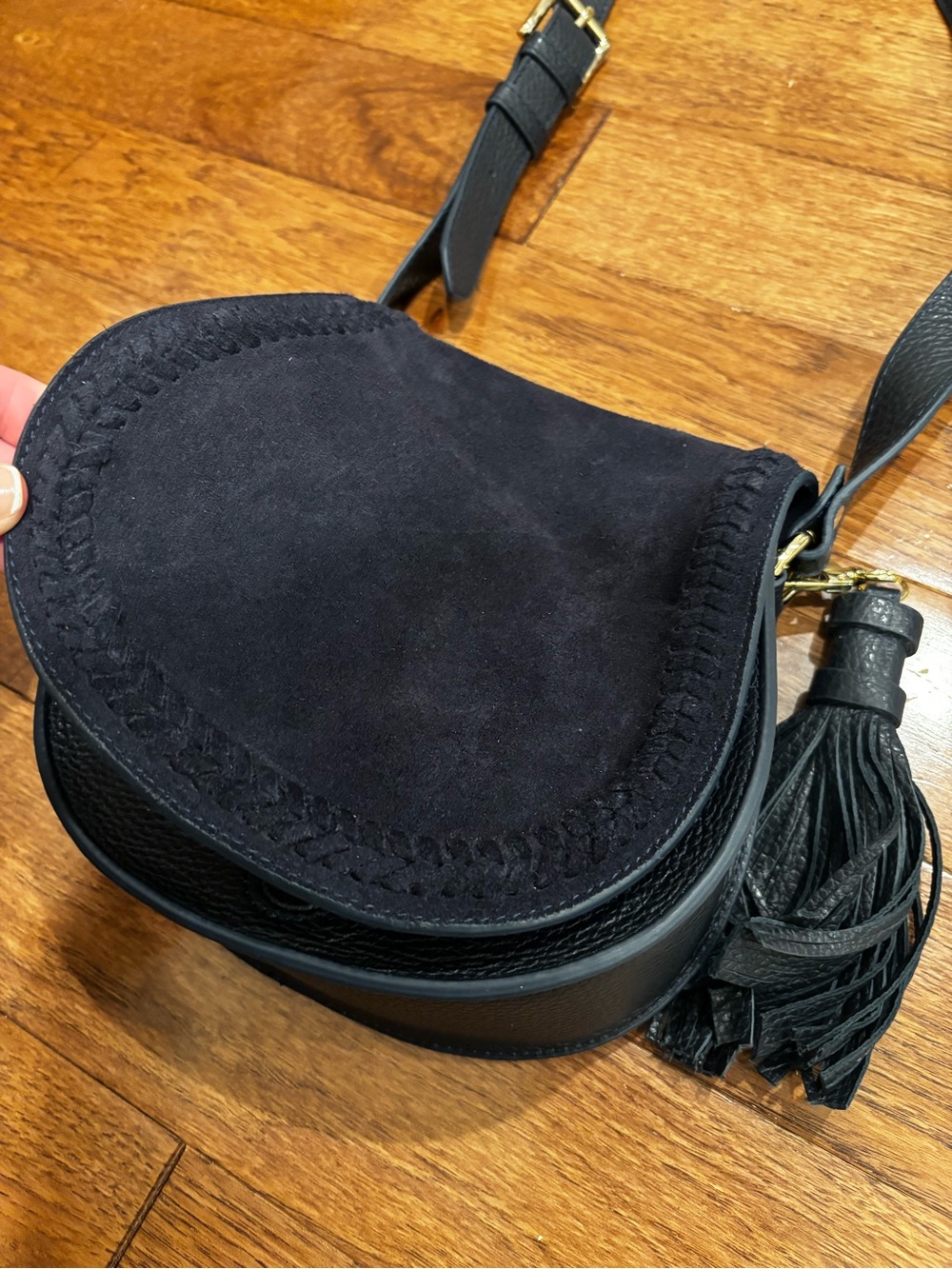 Mark & Graham Black Suede and Leather Crossbody Saddle Bag with Tassel